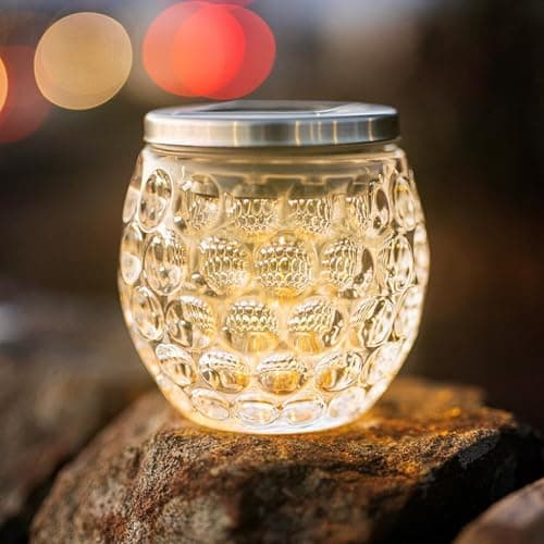 Image of Garden Mile Dimpled Glass Jar Solar Garden Lights Solar Powered Waterproof Warm White LED Lights Outdoor Table Top Lighting, Large Decorative Patio Table Lighting Garden Ornaments