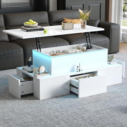 Image of Merax Lift-Top Coffee Table with LED, High Gloss Centre Table with 4 Drawers & Hidden Storage, Lifting Sofa Side Table & Space-Saving End Table, Multi-Functional Tea Table, 100x50x40cm, White