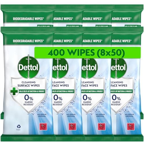 Image of Dettol Antibacterial Cleansing Surface Wipes, Fragrance Free, 400 Wipes (50 x 8pck) Disinfectant, Home Hygiene, Biodegradable, Kills 99.9 Percent of Germs