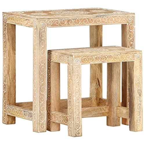 Image of Tonture 2-Piece Hand Painted Solid Mango Wood Side Table Set, Polished and Varnished, Rustic Design for Living Room, Bedroom, Bedside Table, End Table