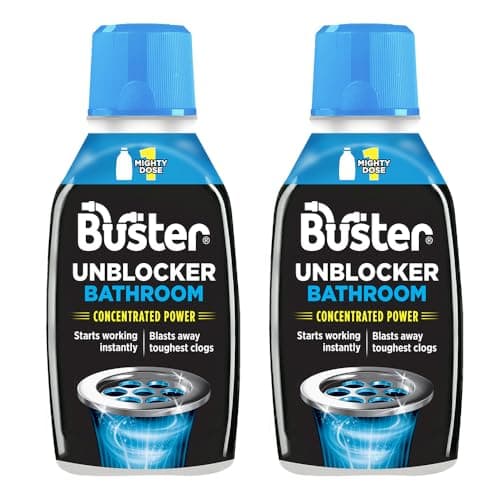 Image of Buster Bathroom Drain Unblocker (Pack of 2 x 300ml) Fast-Acting Sink Unblocker Dissolves Hair, Sludge and Soap, Drain Cleaner Clears Blockages in Shower, Bath and Bathroom Sink Pipes - Made in UK