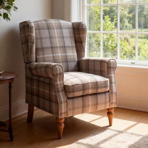 Image of Chusstang Retro Accent Chair, Wingback Tartan Armchair Soft Padded, Retro Check Leisure Chair, Fabric Lounge Padded Sofa Chair for Living Room Bedroom - Brown