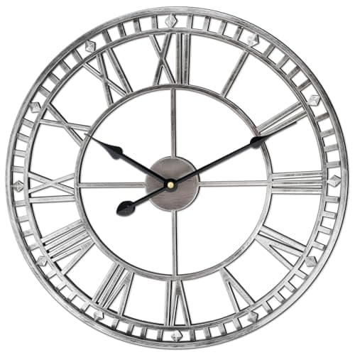 Image of FB FunkyBuys Large Wall Clocks for Living Room Metal Wall Clock Silent Non-Ticking Roman Numerals Wall Clock for Indoor & Outdoor Vintage Clock for Bedroom (Silver-double Edge, 60 CM (24"))
