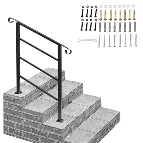 Image of Bonnlo Outdoor Handrail Fit 1 to 3 Steps, Adjustable Hand Rails for Outside Stairs, Galvanized Iron Handrail for Garden Porch, Scroll Ends