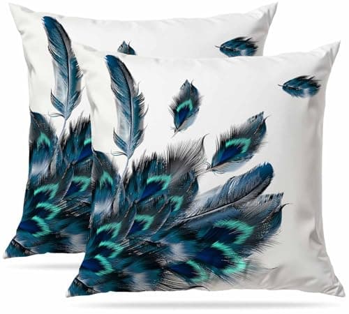 Image of Cushion Covers Set of 2 Pack 45x45 cm Soft Short Plush Peacock Feather Watercolor Decorative Throw Pillow Cases Cute Pillow Cover for Sofa Bed Garden Outdoor Decor with Invisible Zipper Pillow Covers