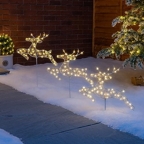 Image of Christow Reindeer Christmas Lights, Flashing Micro LED Pathway Stake Decorations, Battery Powered with Timer, Indoor Outdoor, Set of 3 x 52cm (including ground stakes)