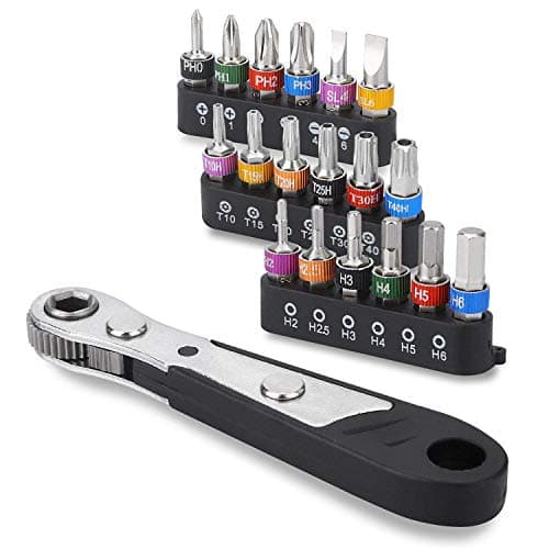Image of DerBlue 19pcs S2 Micro Ratchet Wrench Screwdriver Bit Set with Phillips,Slotted,Hexagon and Torx 1/4" Drive Size,Reversible Drive Handle and Multi Bits Set