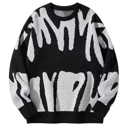 Image of Yimoon Mens Oversized Sweaters Y2K Aesthetic Flame Graphic Crewneck Knitted Casual Pullover Long Sleeve Jumpers, Black Wave, XL