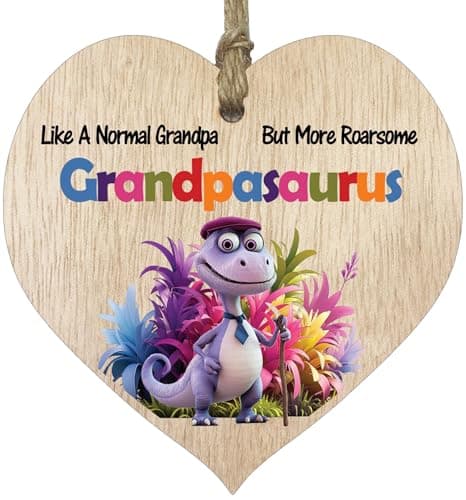 Image of Grandpa Gifts - Roarsome Grandpasaurus Wooden Heart Plaque - Happy Birthday Gifts for Grandpa from Grandson Granddaughter, Dinosaur Father's Day Presents, Light Wood Sign Keepsake