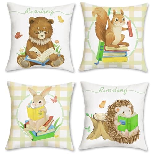 Image of Bonhause Animals Cushion Covers 45 x 45 cm Bear Squirrel Bunny Hedgehog Reading Books Decorative Throw Pillow Covers for Sofa Couch Bed Home Garden Kids Room Decor Set of 4