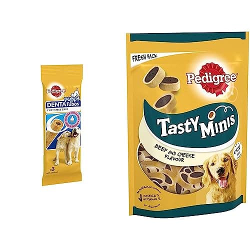 Image of Pedigree Puppy Denta Tubo - Daily Dental chews for puppies, 54 Sticks - Pack of 18 (18 x 3 Sticks) & Tasty Minis 8 x 140 g Bags, Dog Training Treats, Cheesy Nibbles with Cheese and Beef Flavouring