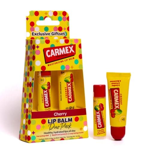 Image of Carmex Cherry Lip Balm Set – Pack of 2 (Stick & Tube) | Packed With SPF 15 For Sun Damage | Clinically Proven Formula | Visible Results After 1 Use | 24H Moisturising | Gifting Essential