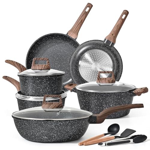 Image of Terlulu Induction Hob Pots and Pans Set - 13pcs Nonstick Cooking Pans Set, Black Granite Cookware Set with Lid, Non Stick Saucepan Set, Frying Pan Set, PFOS & PFOA Free