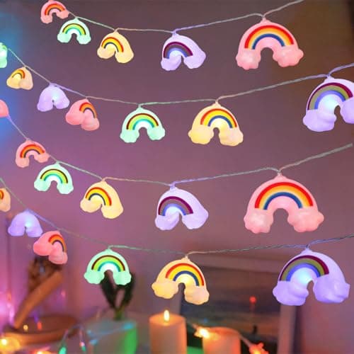 Image of RECUTMS Rainbow String Lights 3M/10FT Battery Operated 20LEDs Hanging Cloud Fairy Light Cute Baby Night Lamp for Girls Gift Nursery Bedroom Children Room Camping Party Indoor Outdoor Decor (Colourful)