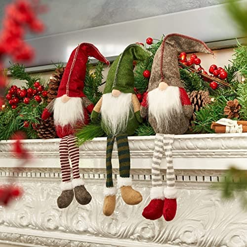 Image of LATERN 3Pcs Christmas Plush Figurines, Gnome Christmas Ornaments Handmade Swedish Tomte Gnome Plush Scandinavian Santa Elf Long Legs Figurine for Christmas Table Fireplace Home Decor (51.5 x 11.5cm)