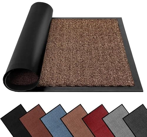Image of FB FunkyBuys Washable Dirt Trapper Door Mats Indoor & Outdoor, Heavy Duty Non Slip Doormats, Rubber Backed Floor Mat, Super Absorbent Front Door Mat, Entrance Rug (Brown-waved, 60cm x 80cm)