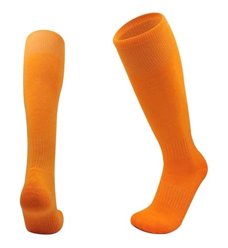 Image of 1STLY FITNESS - Socks Knee High 1 Pair Large SIZE 7-13, EU38 - EU44 Adults Soccer Football Hockey Rugby Sports Sweat Wicking Slip Proof Plain Colours (Orange)