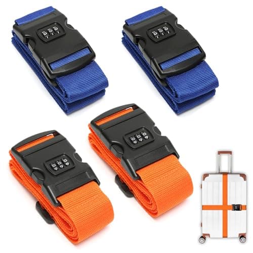 Image of 4Pcs Suitcase Straps with Lock, 2 Colours Heavy Duty Personalised Luggage Strap, Adjustable Luggage Straps for Suitcases, Travel Cases, Orange and Blue