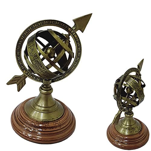 Image of Antique Brass Armillary Sphere Astrolabe On Wooden Base Maritime Nautical & Collectible