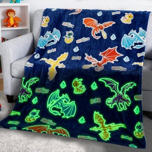 Image of Boys Dragon Gifts for Kids Glow in Dark Blanket Glowing Cartoon Dragons Throw Blanket Soft Fleece Blanket for Room Bed Sofa Decor (Dragon)
