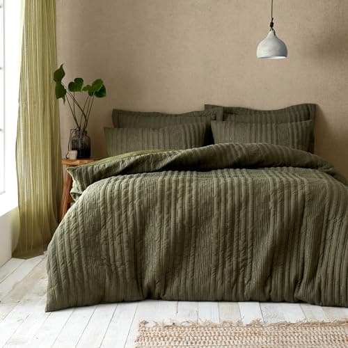 Image of Pineapple Elephant Tamba Jersey Stripe Quilted King Duvet Cover Set with Pillowcases Olive Green