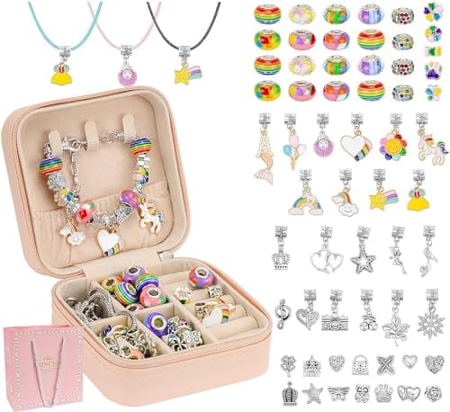Image of Hysagtek Jewellery Making Kit Bracelet Making Kit for Girls Adults 66 Pcs DIY Charm Bracelet Making Bracelets Gift Beads Necklace kit Christmas Jewelry Making Charm Pendants Craft with Box,Rainbow