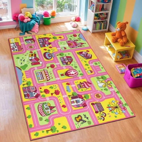 Image of Capslpad Kid Rug for Playroom 100x160cm Pink Girls Play Rug Traffic Road Car Play Game Mat Educational Learning Area Rug Kids Carpet for Children Bedroom,Playroom,Nursery Room Decor
