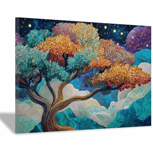 Image of PUQAAEO Tree of Life Wall Art Painting Mosaic Tree Cloud Art Abstract Landscape Painting,Modern Wall Decorations Pictures, Living Room Bedroom Bathroom,Office(Multicolor)-30x45cm Framed