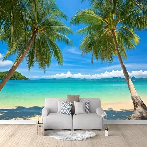 Image of Photo Wallpaper Landscape Tropical Beach 400 x 280 cm 3D Wall Mural Non-Woven Premium Art Print Fleece Wall Mural Photo Wallpaper Decoration Poster for Living Room Kids Bedroom Green Blue