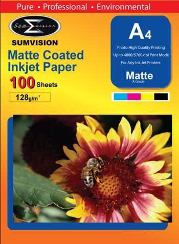 Image of Sumvision Photo Picture Photograph Paper A4 128gm Photo Paper Premium Professional Matte Finish Inkjet Printable Photo Paper 100 Sheet Pack