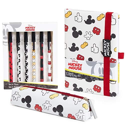 Image of Disney Stationery Set Notebook A5 Pen Set and Pencil Case Baby Yoda Winnie The Pooh Mickey Minnie Mouse School Accessories Boys Girls Gift Idea (White/Red Mickey)
