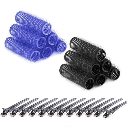 Image of 12 Pack Self Grip Small Hair Curlers, Small Roller, Hair Rollers With Clips, Salon Hairdressing Curlers Rollers With 12 Pcs Black Clips, Tools For Women(17mm,Blue&Black)