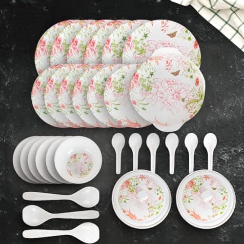 Image of Dine Smart Melamine 32 Pieces Stylon Dinner Set Heat-Resistant | Durable | Shatter-Resistant | Light-Weight | BPA Free (Pink Flower)