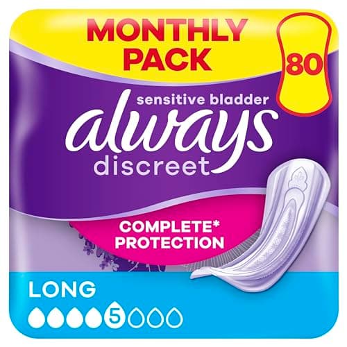 Image of Always Discreet Incontinence Pads Long, 80 Pads (4 x 20 Pieces) Monthly Pack, Discreet Protection & High Absorbency, Odour-Neutralising (Packaging May Vary)