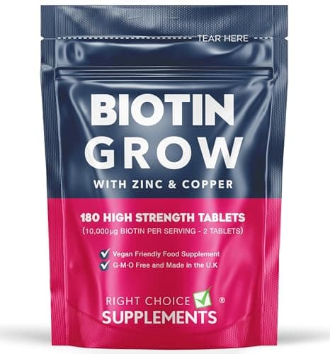 Image of Biotin Hair Growth Supplement - 180 Tablets Enhanced with Zinc & Copper - Biotin 10,000 µg (mcg) per Serving - Vegan, Hair Skin & Nails Vitamins