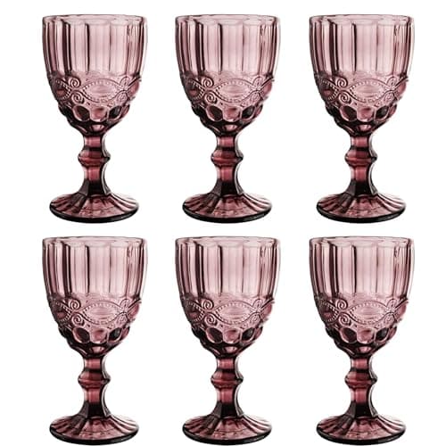 Image of Elvida Interiors Wine Glass Embossed Vintage Goblets Alfresco Dining Glassware Cuomo Purple Set of 6