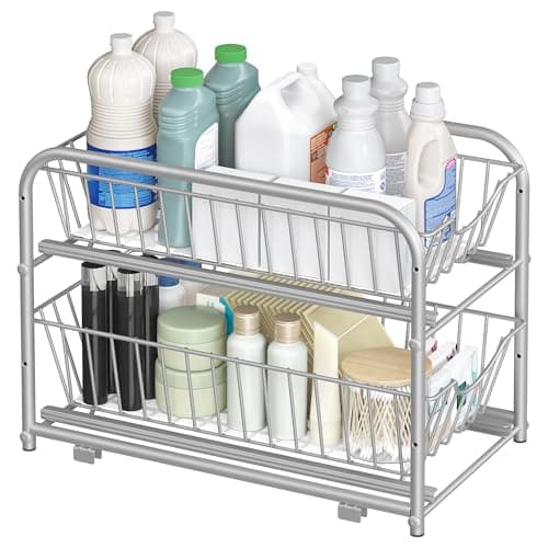 Image of SONGMICS Cupboard Organiser, 2-Tier Under Sink Storage Organiser with Sliding Basket Drawers, Stackable Cabinet Organiser for Kitchen, Bathroom, Dove Grey KCS017E01V1