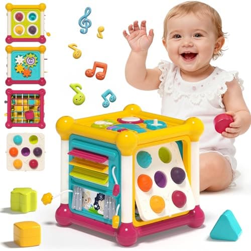 Image of Activity Cube Baby Toy, 6-in-1 Montessori Toys with Shape Sorter, Music Busy Board, Pop up Bubble - Early Learning Sensory Toys for 6-12 Months, Interactive Toys & Birthday Gifts for 1 Year Old