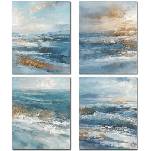 Image of CREATCABIN 4Pcs 4 Styles Ocean Canvas Wall Art Beach Wall Prints 7.9" x 9.8" Cloth Boho Blue Sea Sunset Poster Picture Painting Walls Arts Decoration Print for Home Living Room Kitchen Bathroom