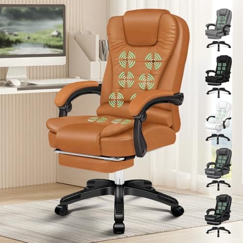 Image of ELFORDSON Executive Office Chair with 8-Point Massage & Seat Heated, Home PC Gaming Chairs with Footrest, High Back 150° Reclining Executive Desk Chair with Padded Armrest, PU Leather, Brown