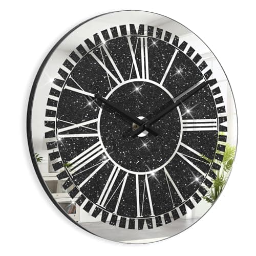Image of FEUFOAM Modern Wall Clock for Bedroom Silent Black Mirrored Round Wall Clocks with Sparkle Crystal Diamond 16x16 inch Decorative Mirrors for Wall Living Room Office AA Battery not Included