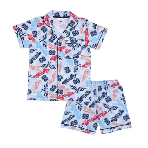 Image of Hot Wheels, 100% Cotton Button Up Short Sleeved Pyjama Set, Blue, 4-5 Years: 110cm