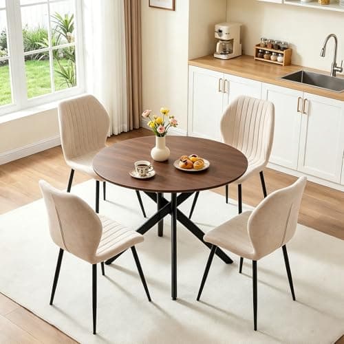 Image of Warmiehomy Round Dining Table and Chairs Set 4, Modern Wooden Small Kitchen Dining Table with 4 Chairs for Small Space Home Apartment, Living Room (Walnut + Beige, 5pcs)