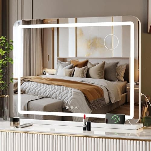 Image of Clevich Hollywood mirror with LED light, make-up vanity mirror with lighting, touchscreen dressing table mirror with lights, dimmable 3 modes, with USB and 10X magnification, white (80L x 60W cm)