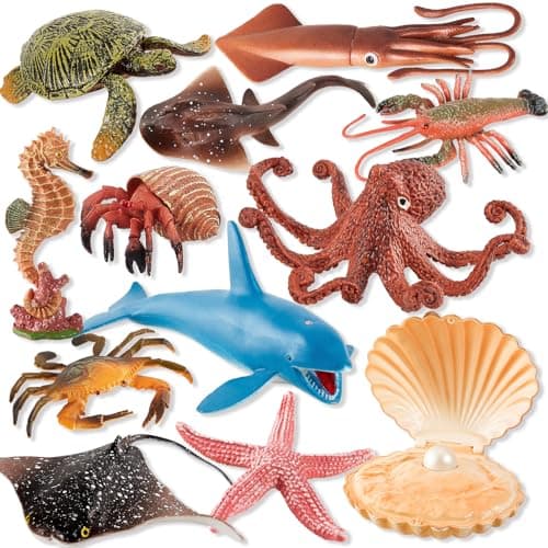 Image of HYAKIDS Sea Animal Figures Toy, Large Ocean Sea Creatures Bath Toys, Realistic Animals Figurines Cake Toppers Set, Learning Gifts for Kids Boys Girls,12 Pack