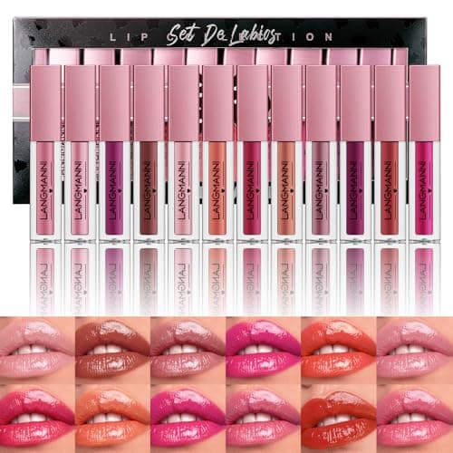 Image of LANGMANNI 12Pcs Lip gloss Collection Makeup Set,Shiny Smooth Soft Liquid Lip Glosses Lip Stain With Rich Varied Colors For Girls And Women Makeup(Color-A)