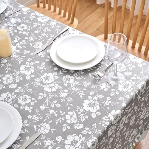 Image of Dehaus® Wipe Clean Table Cloth - Grey Floral Bloom - Wipeable PVC Oilcloth Table Cover - Rectangular Plastic Vinyl Tablecloth - Water Resistant Easy Clean - Dining Protector (140 x 200cm)