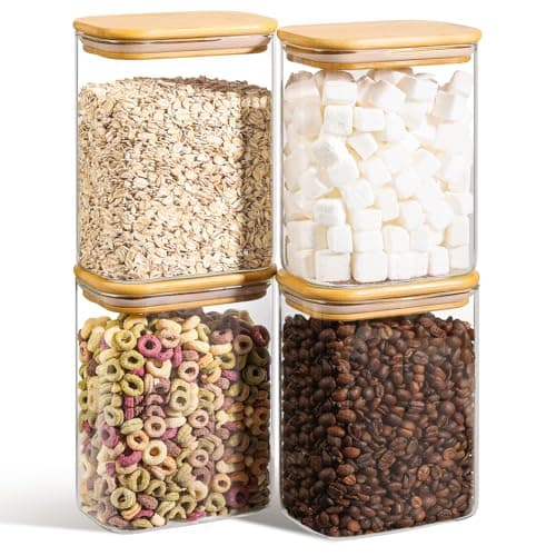 Image of ComSaf 1.1L Rectangle Glass Storage Containers with Lids, Glass Jars with Bamboo Lids, Clear Food Storage Jar, Sugar Coffee Containers, Pantry Storage Container for Pasta Tea Candy Nuts