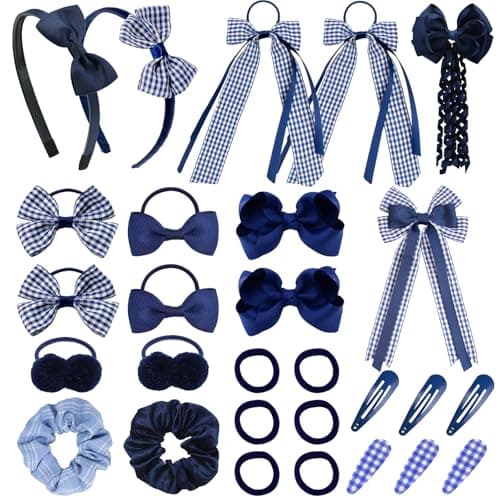 Image of Xerteam 28 Pcs Hair Accessories for Girls, Bow Hair Clips Headband Hair Bands Ribbon Ponytail Holder, Kids School Hair Accessories Gift Set for Daily Make-up (Navy Blue)