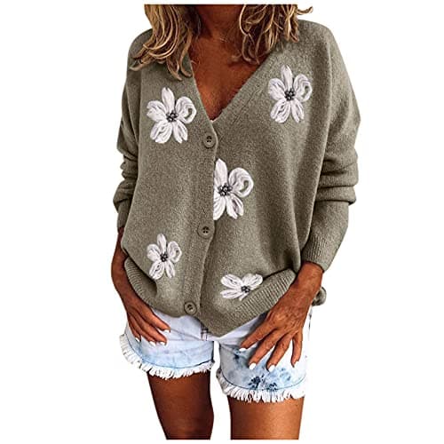 Image of Women Knitted Sweaters Cardigans Daisy Print Embroidered Long Sleeve V-Neck Ladies Sweater Jumper UK Button Down Vintage Casual Y2K Cropped Cardigan Sweater Tops Grey M